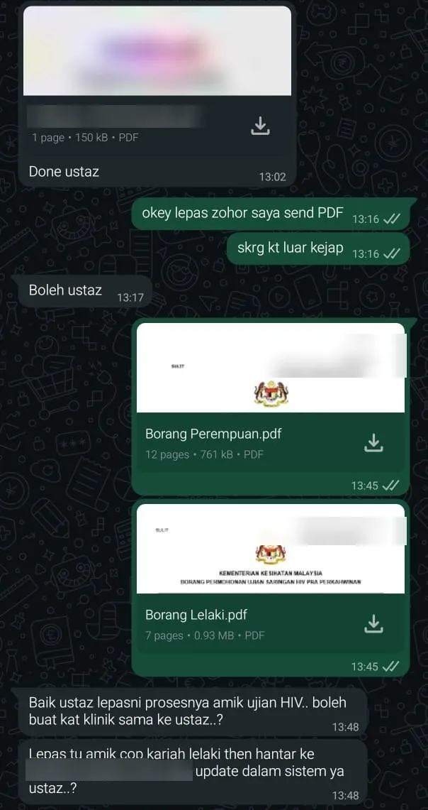 Chat WhatsApp: selepas menerima Borang Perempuan.pdf dan Borang Lelaki.pdf, pemohon bertanya tentang ujian HIV dan cop kariah untuk langkah seterusnya.